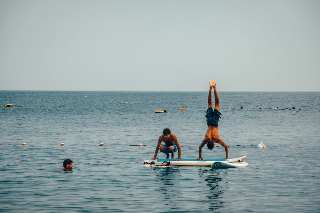 headstand on a surf table
