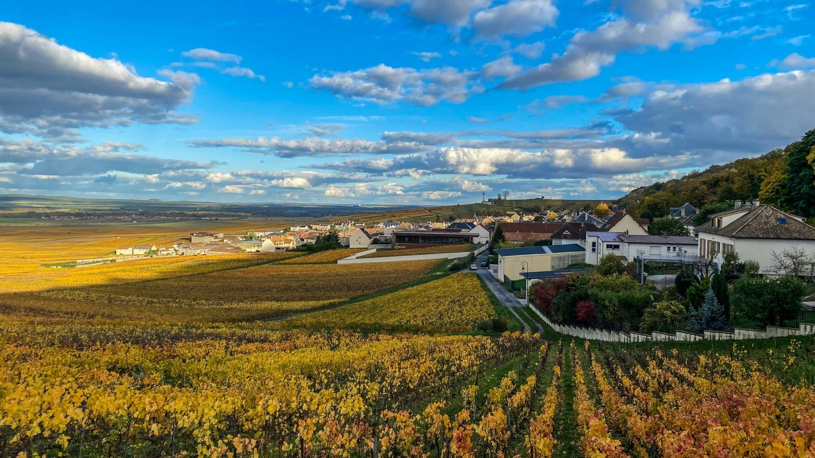 Autumn vineyards and a French village in Champagne, ideal for a peaceful yoga retreat in France