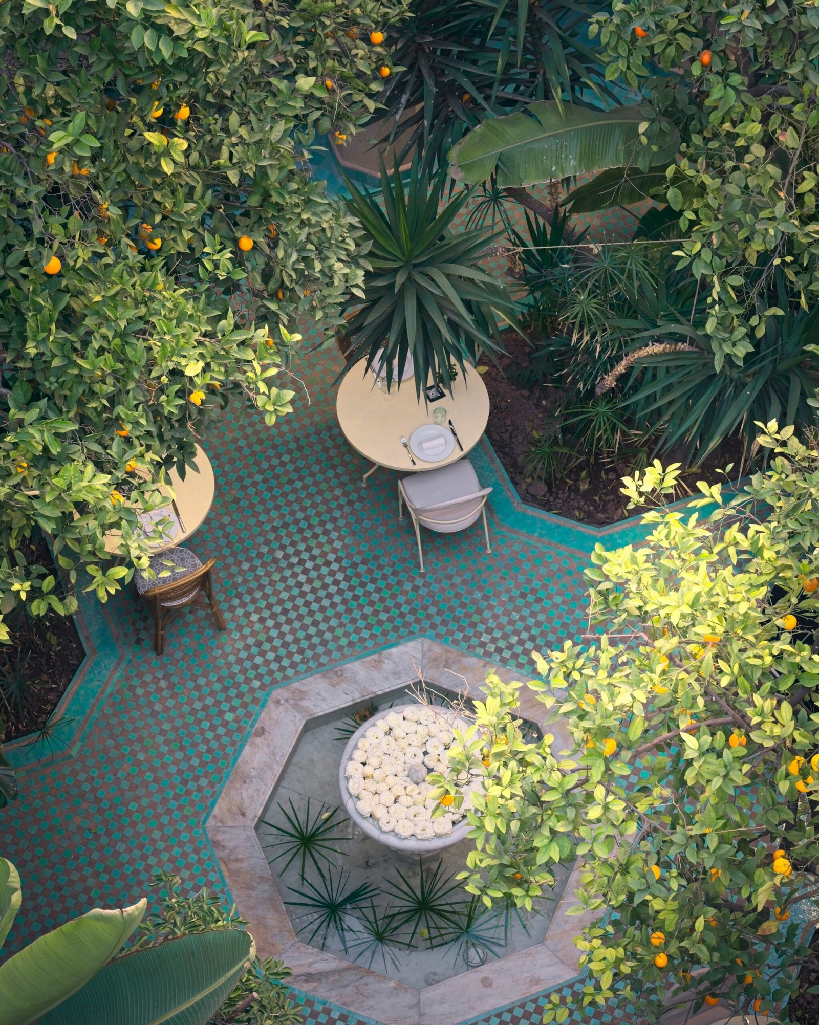 An overhead view of a traditional Moroccan riad courtyard with turquoise checkered tiles, orange trees, and a marble fountain filled with white roses, ideal for a cooling summer yoga retreat.