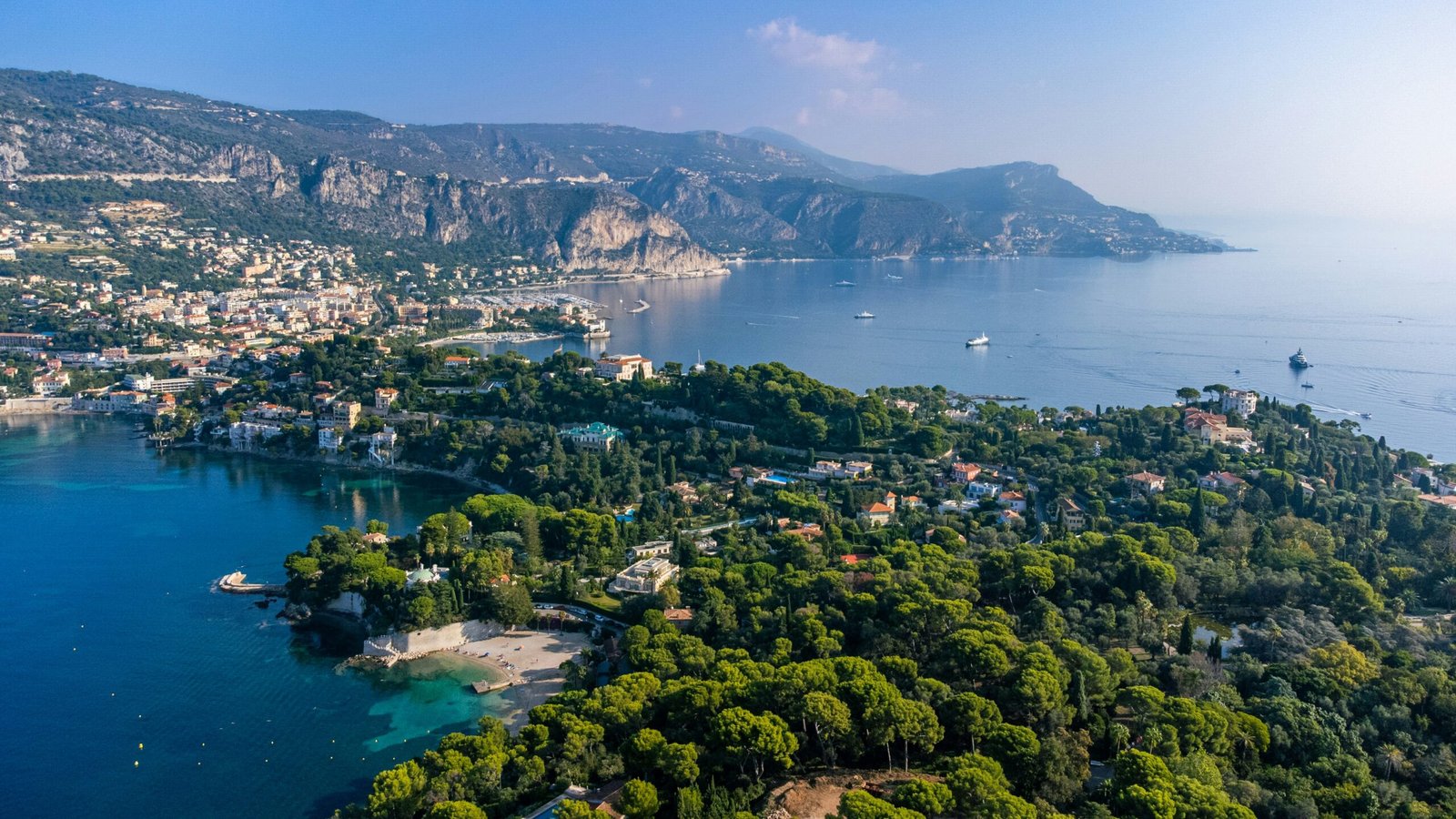 Aerial view of Saint-Jean-Cap-Ferrat on the French Riviera with turquoise shoreline and elegant coastal scenery.