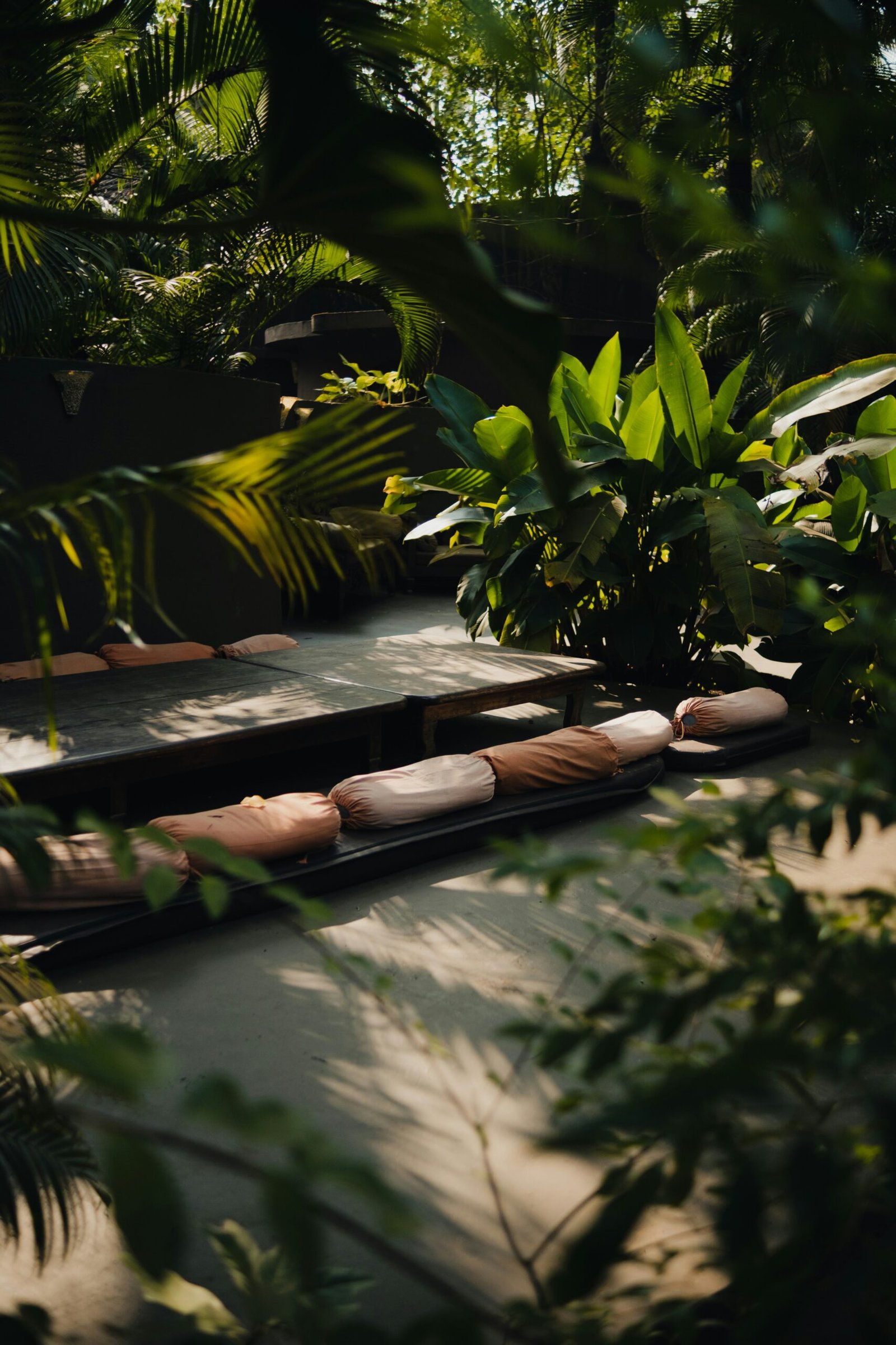 A serene outdoor meditation garden with floor cushions and lush tropical greenery, illustrating the peaceful environment of a holistic wellness retreat.