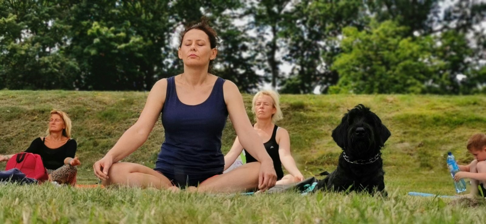A group of people practicing seated meditation in a park with a dog, demonstrating community-based breathwork to recenter in modern life.