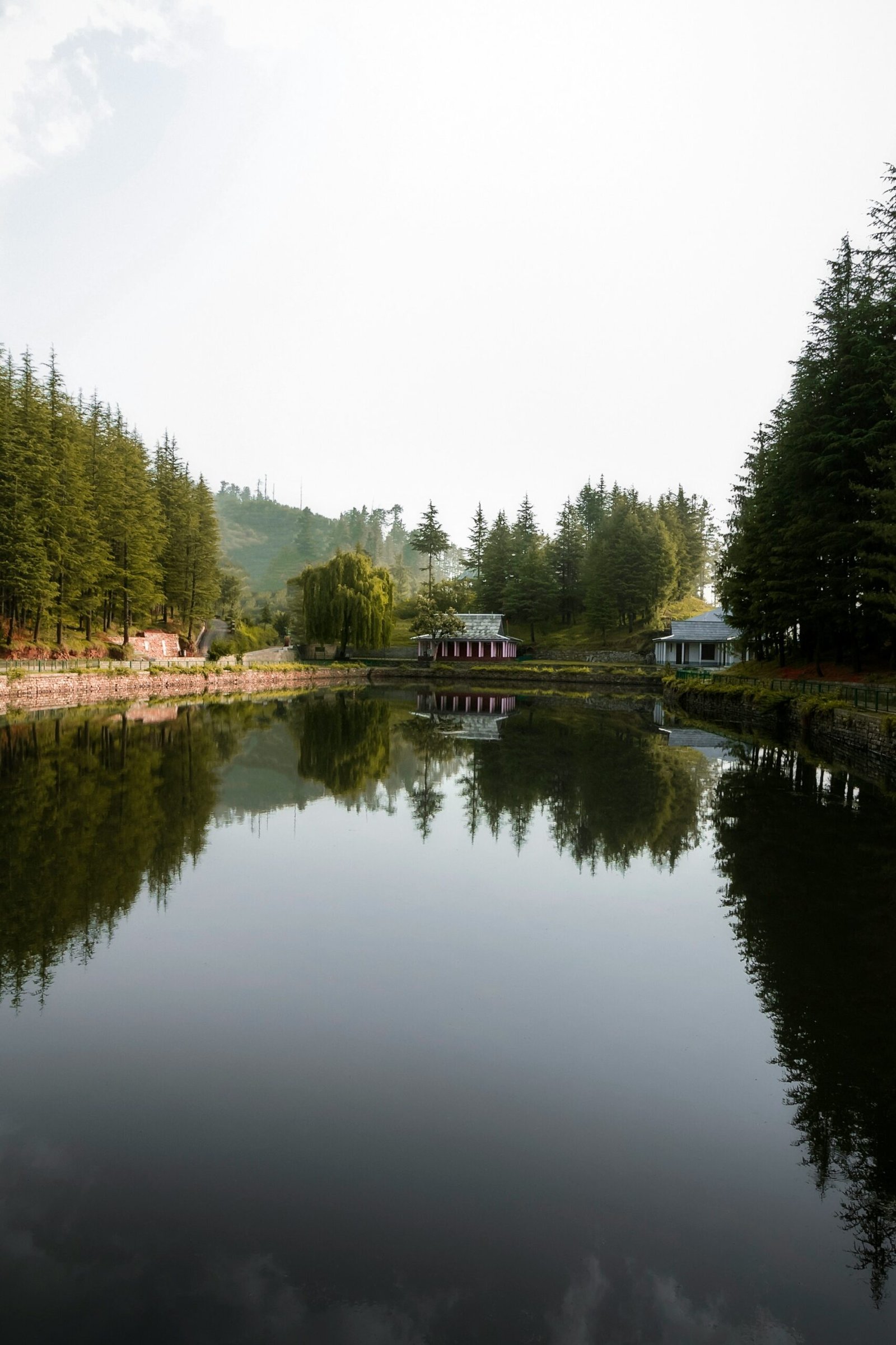 Forest-framed lake in Narkanda with still water and soft reflections, matching the peaceful natural mood of a restorative retreat in India.