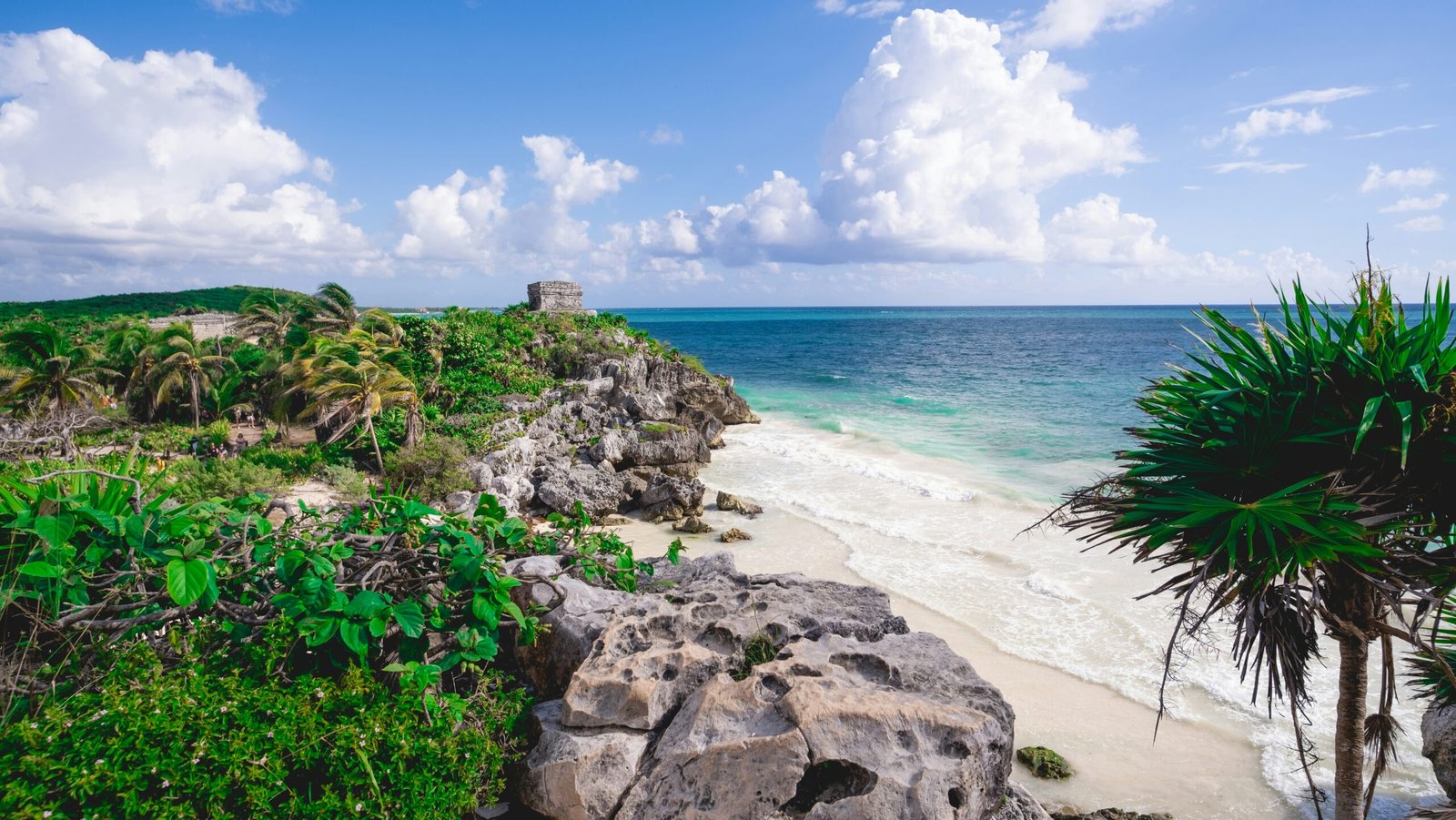Tulum ruins above the rocky Caribbean coastline in Quintana Roo, Mexico.