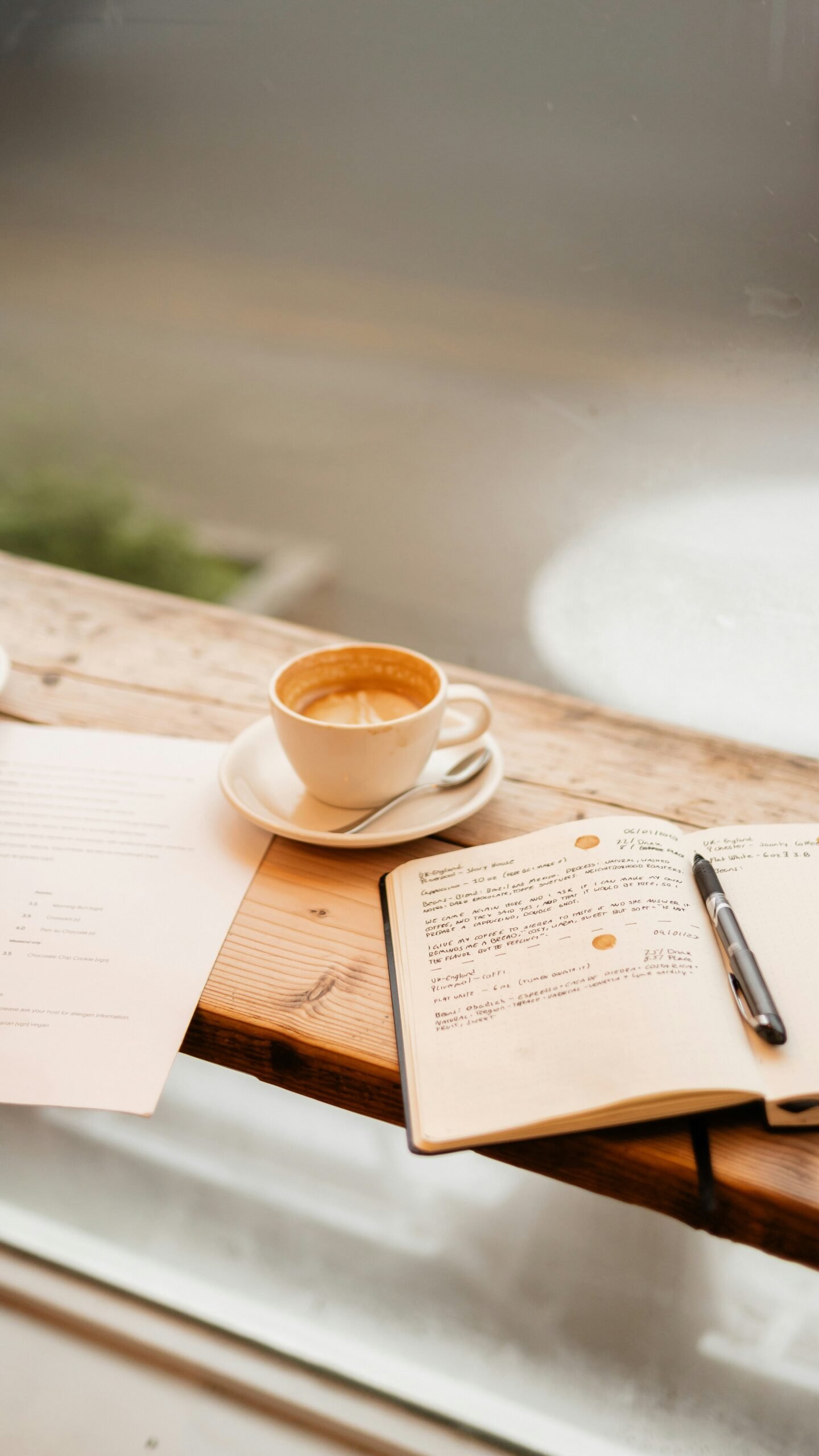 Notebook and coffee on a wooden table for a quiet retreat journaling and morning reflection moment.