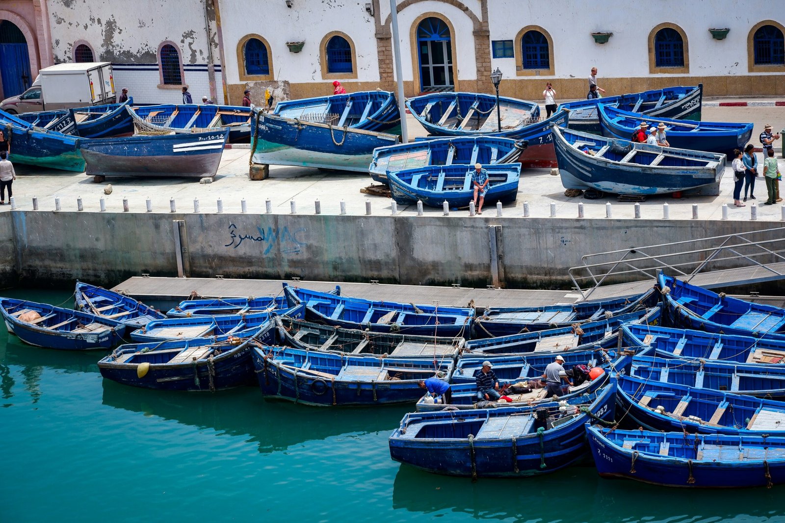 view of fishing boat in the harbour in essaouira