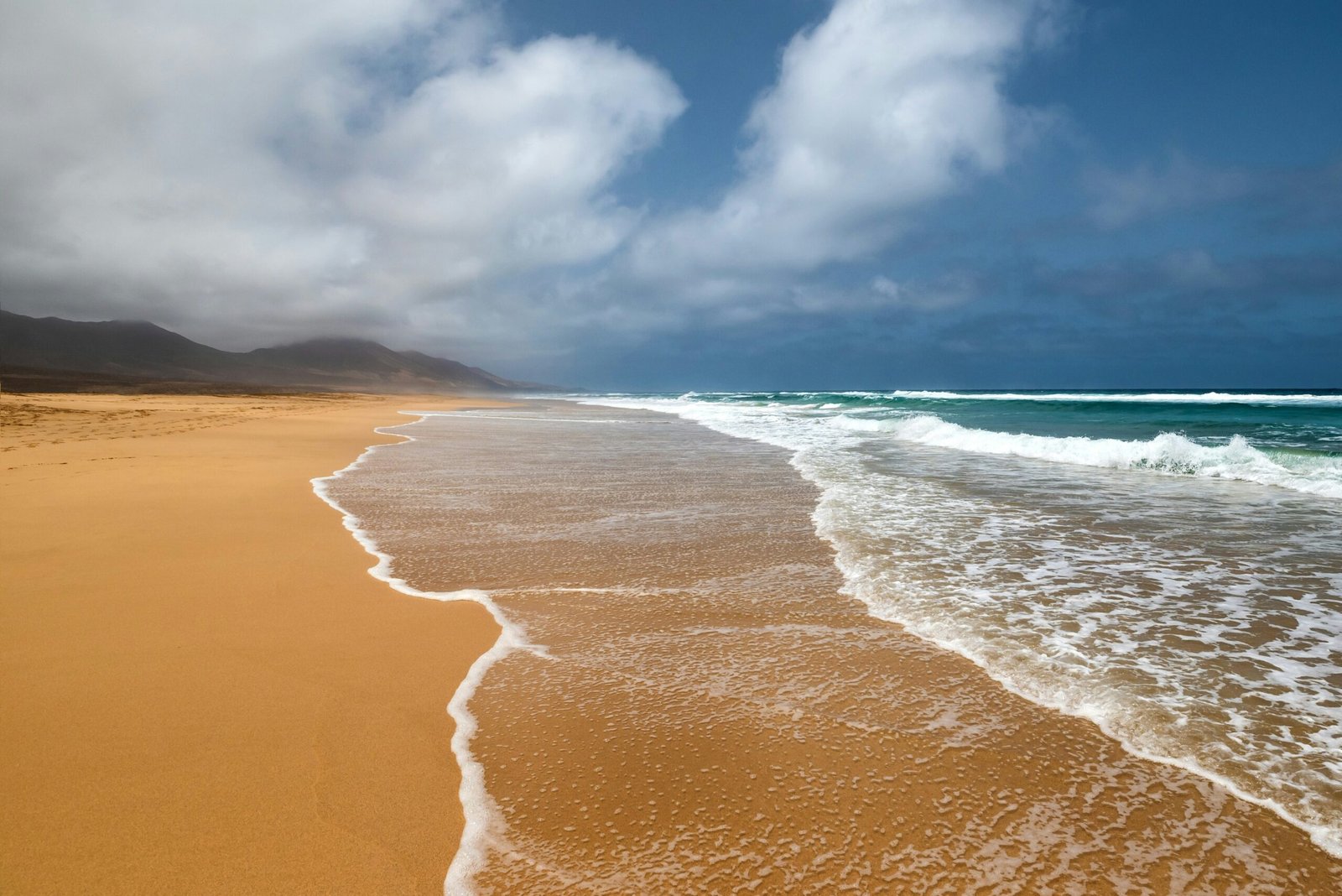 Sandy beach in Fuerteventura, Canary Islands, Spain, with rolling waves and bright August sunshine