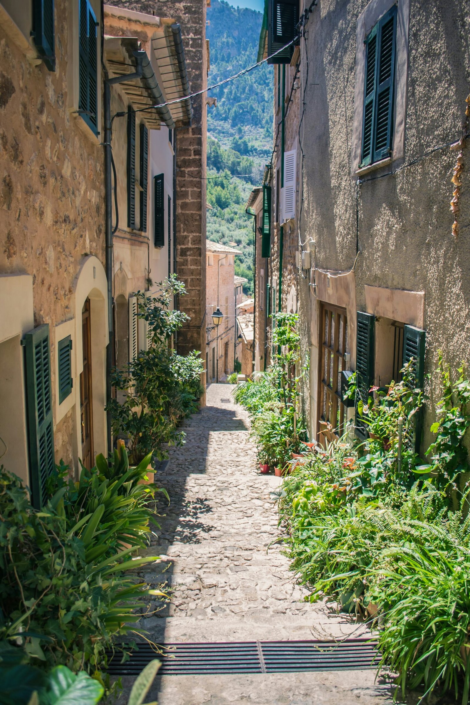 A narrow stone street in a historic Mallorca village lined with lush green plants and traditional shutters, overlooking forested mountains under a bright sky.