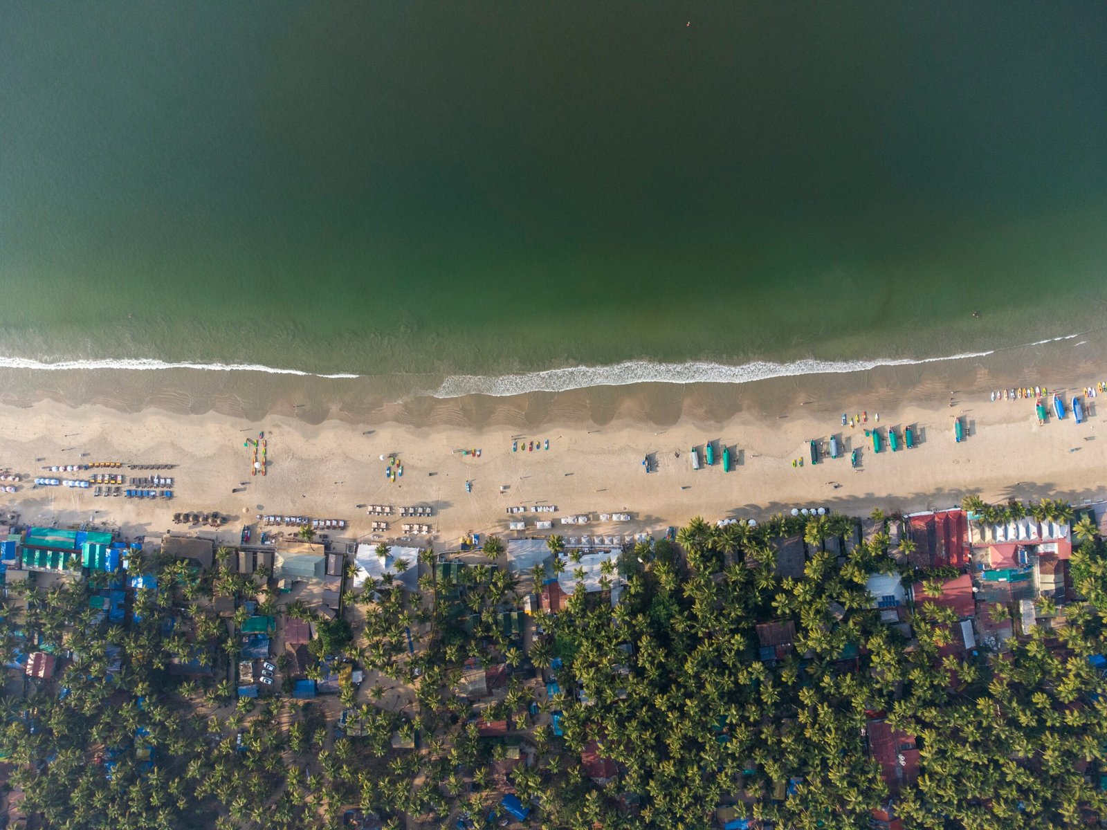 Aerial view of Palolem Beach in Goa, showing the open coastal setting that suits a balanced August retreat in India.