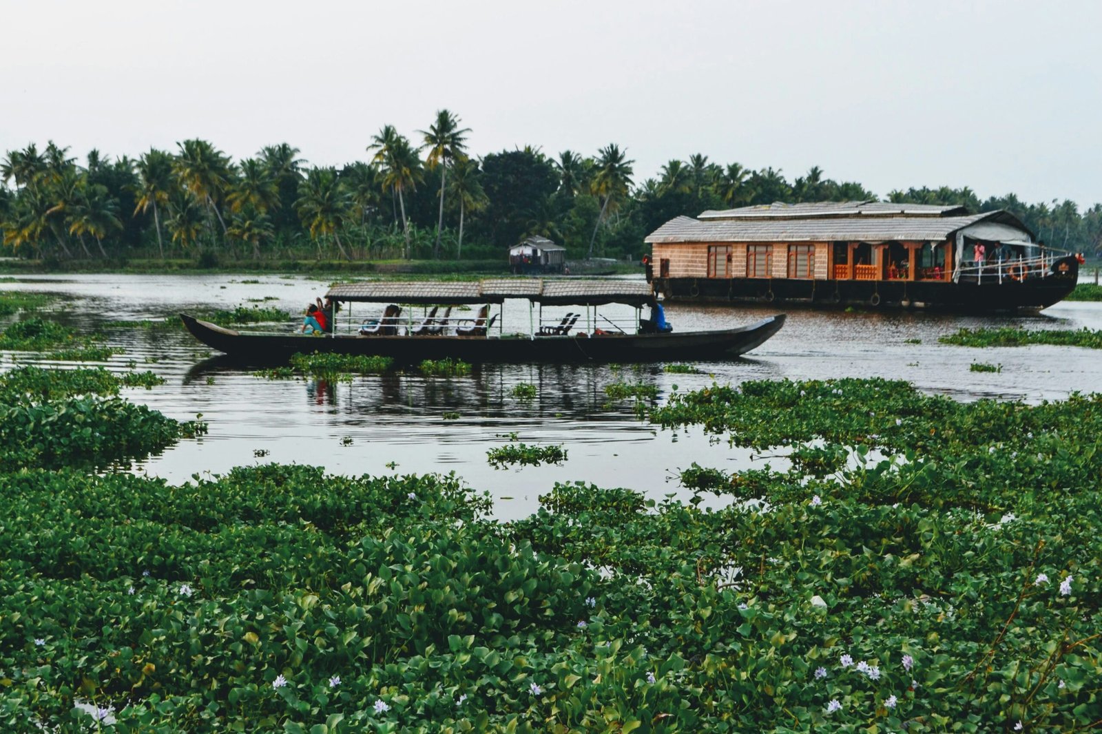 Houseboat moving through the Kerala backwaters, reflecting the calm rhythm of retreat days during India’s post-monsoon season