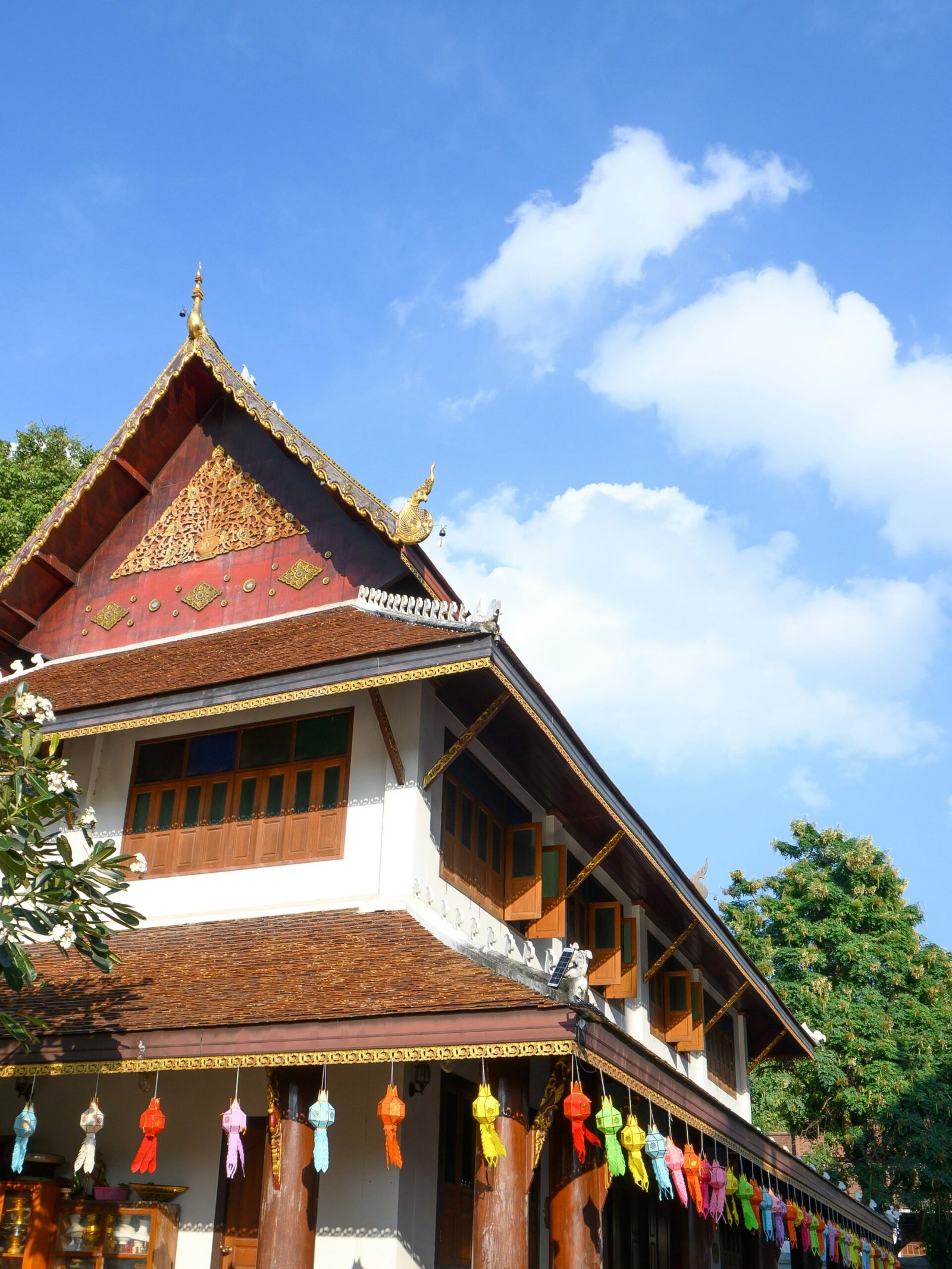 colorful chiang mai temple lanterns brightening a humid july day in thailand