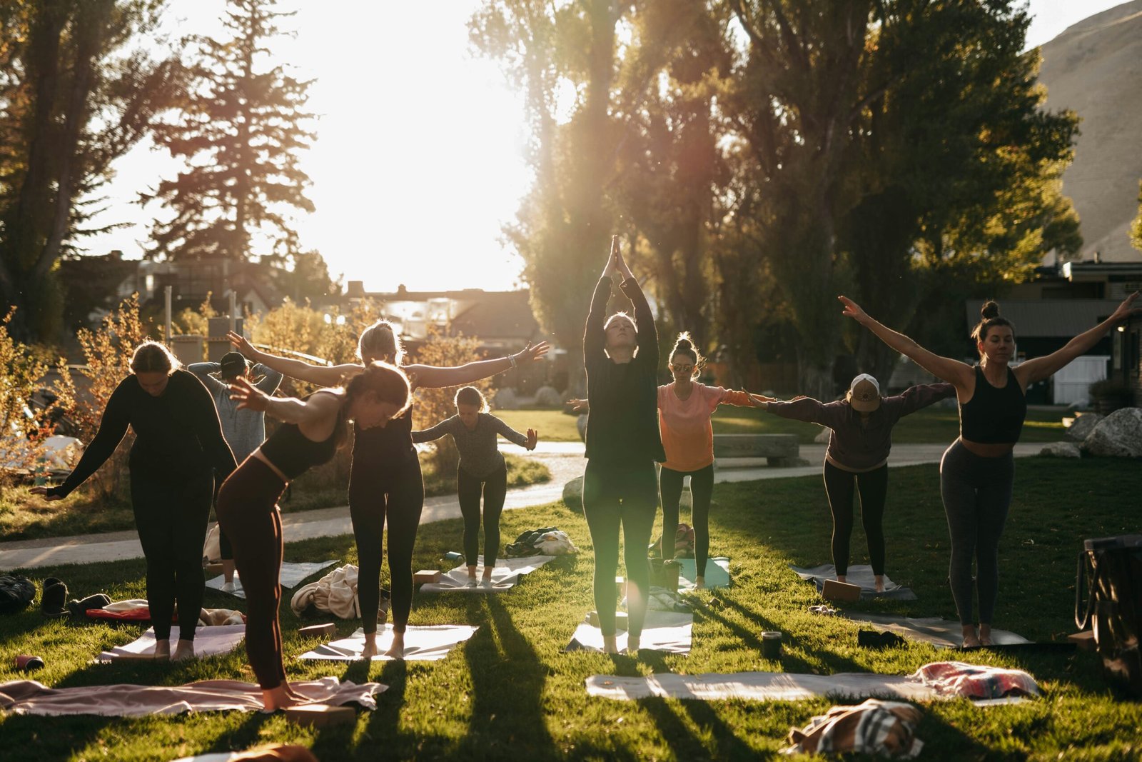 A group of women practicing synchronized yoga poses on a grassy lawn at sunset, highlighting the community and collective energy found in a group yoga retreat.