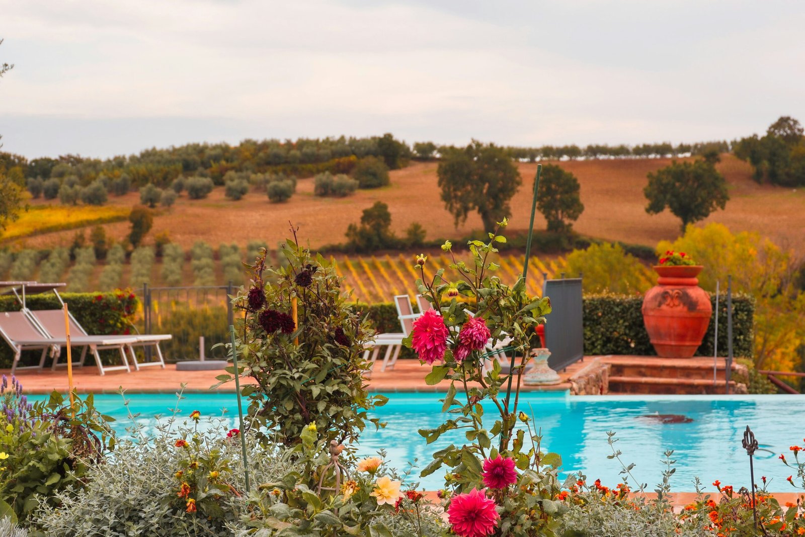 Countryside pool retreat surrounded by green hills for a peaceful August escape