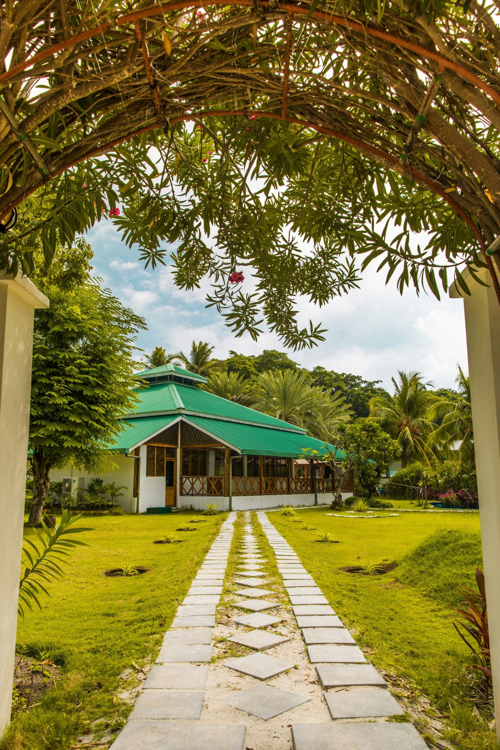 Green wooden house surrounded by trees, matching the simple and grounding atmosphere of a nature-based wellness retreat.