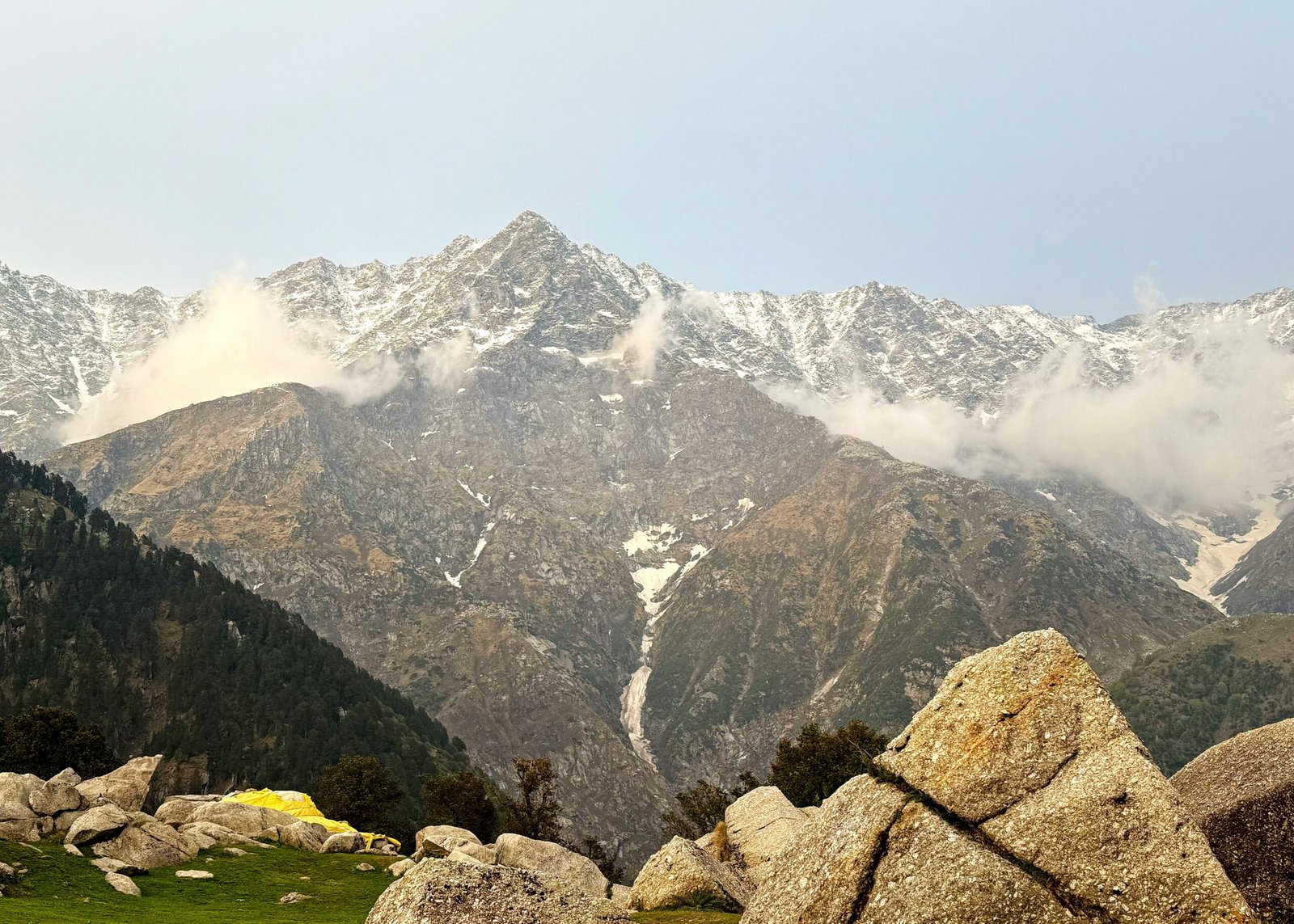 Snowy Himalayan landscape near Dharamshala, bringing a quiet and contemplative mood to a yoga retreat in India.