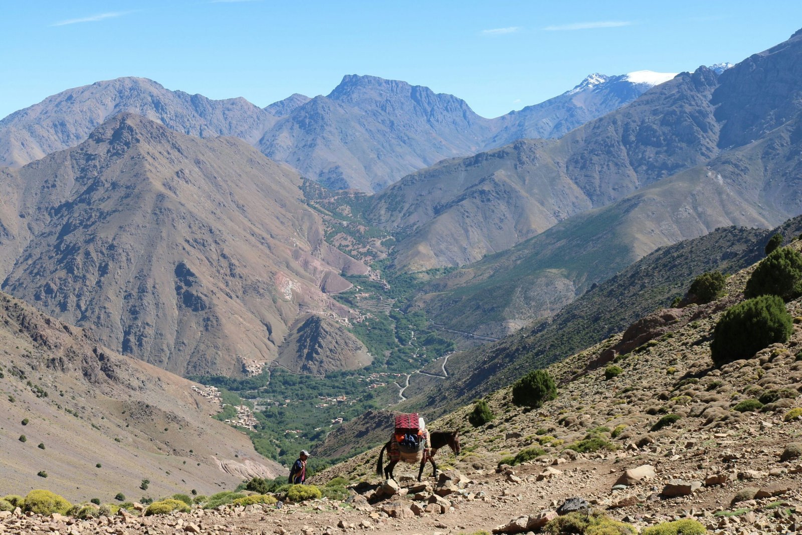 A wide panoramic view of the High Atlas Mountains in Morocco during summer, featuring a hiker and a pack mule on a rocky trail overlooking a lush green valley.