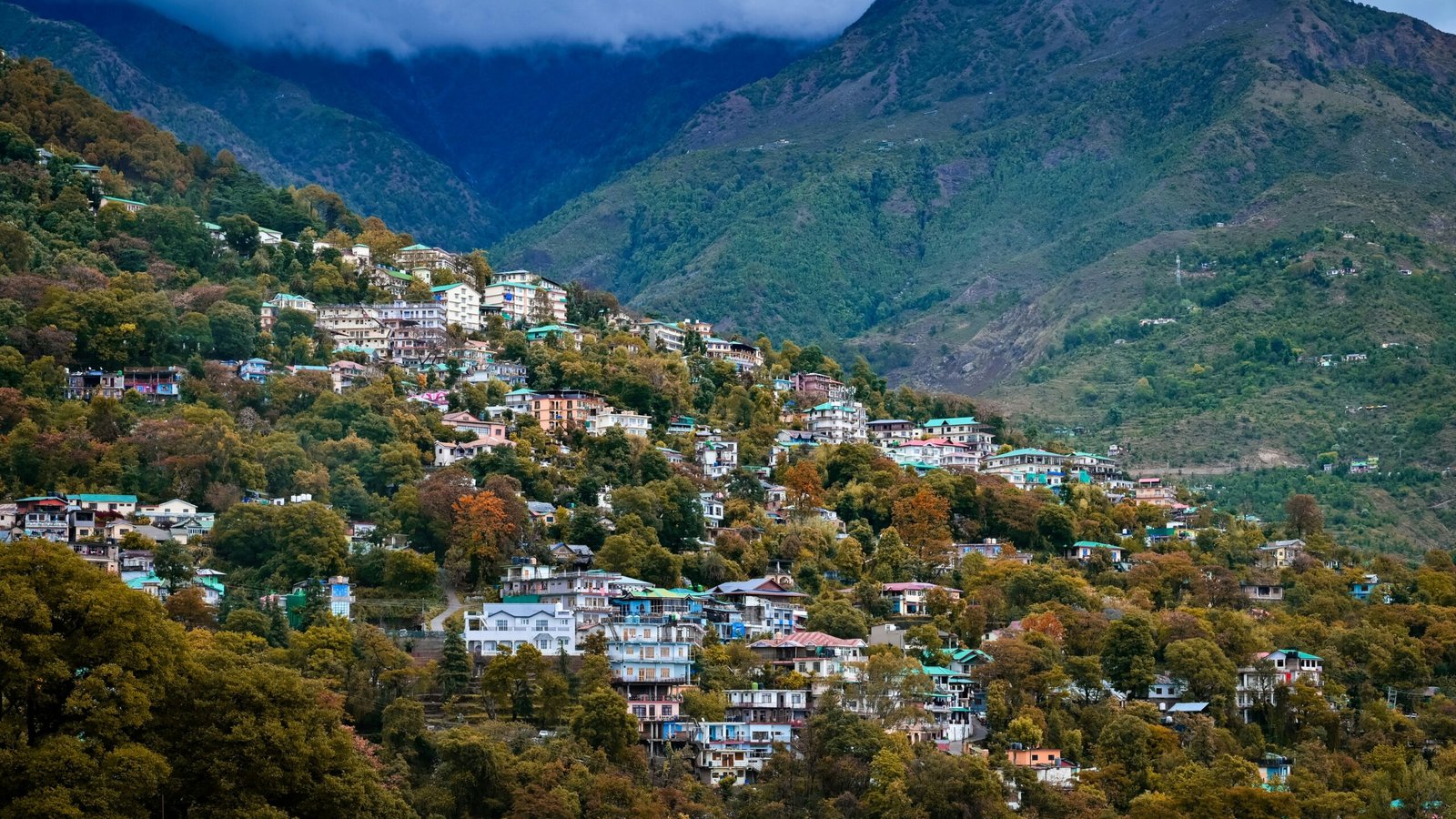 Dharamshala spread across a misty mountainside, reflecting the cooler Himalayan side of an August yoga retreat in India.