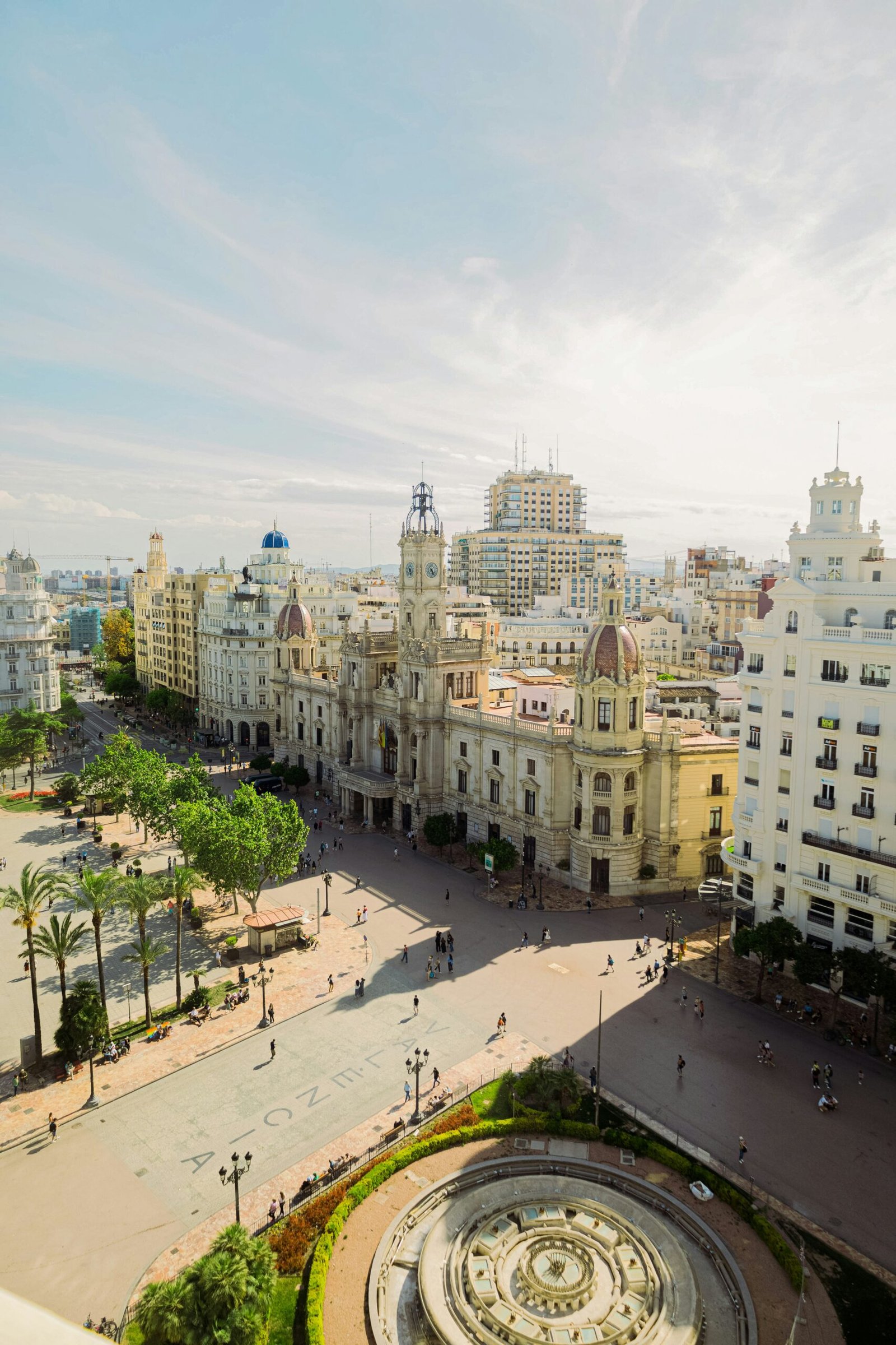 Sunny cityscape in Valencia, Spain, with historic buildings and a calm winter-city atmosphere