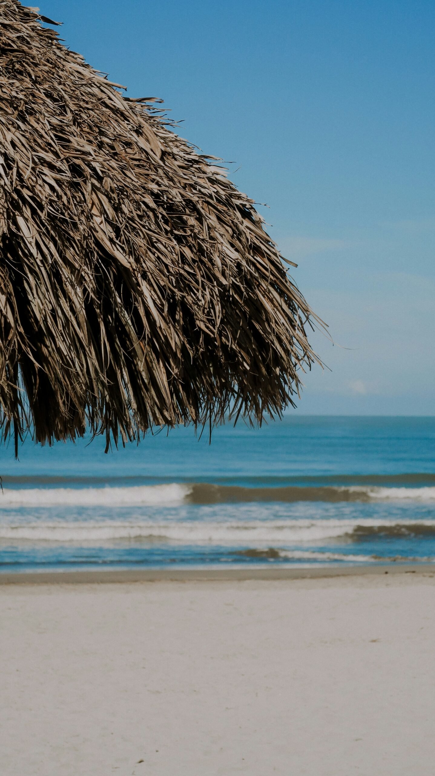 Beach in Puerto Vallarta, Jalisco, Mexico, with palm shade, sand, and calm coastal water.