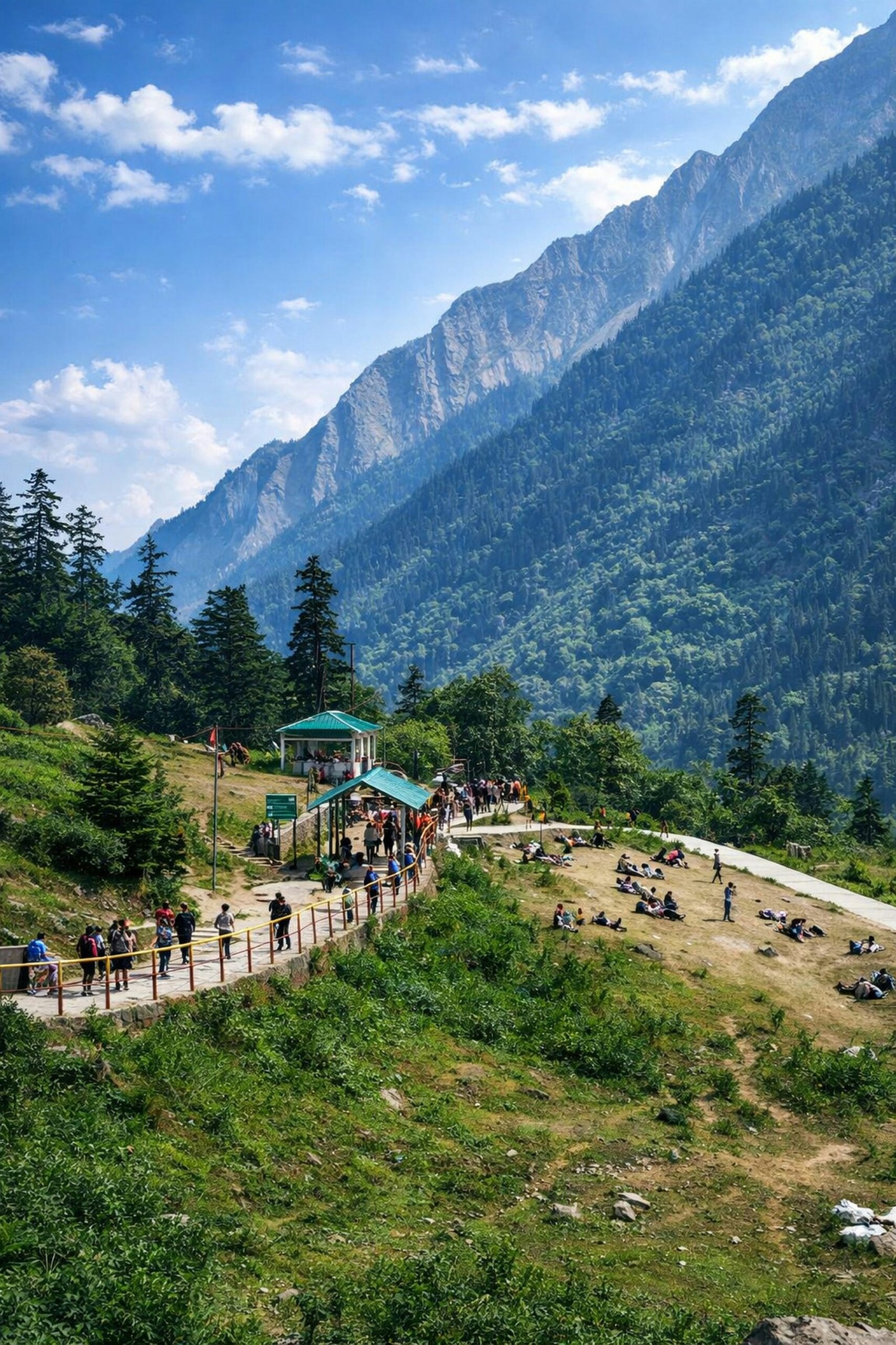 Guests walking through a lush retreat pathway with mountain views and a peaceful healing setting