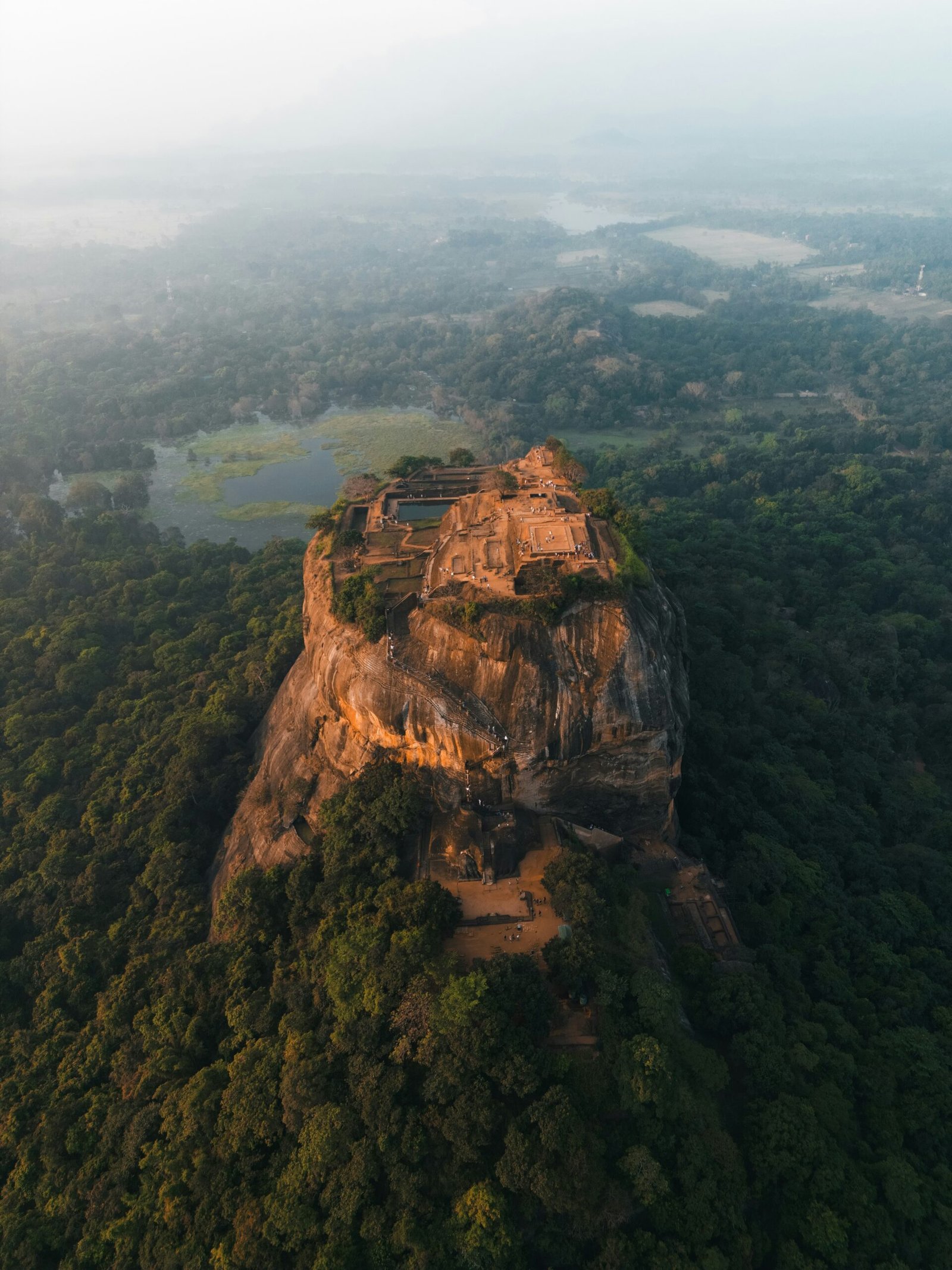 Aerial view of Sigiriya Rock rising above forest in Sri Lanka, adding a grounding and spiritual backdrop to a yoga retreat journey.
