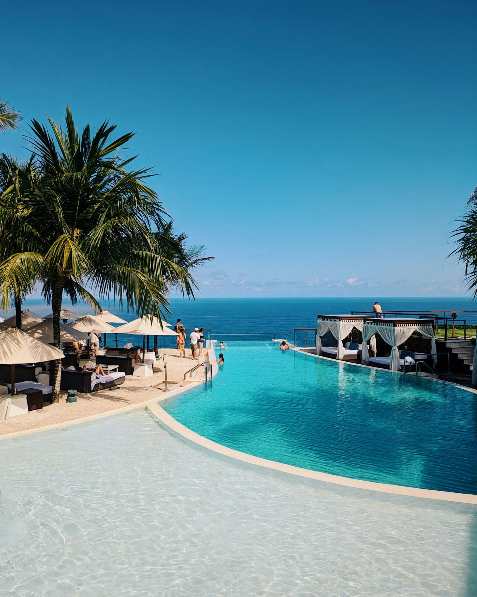 Large pool lined with palm trees at a relaxing retreat designed for rest, wellness, and warm-weather renewal