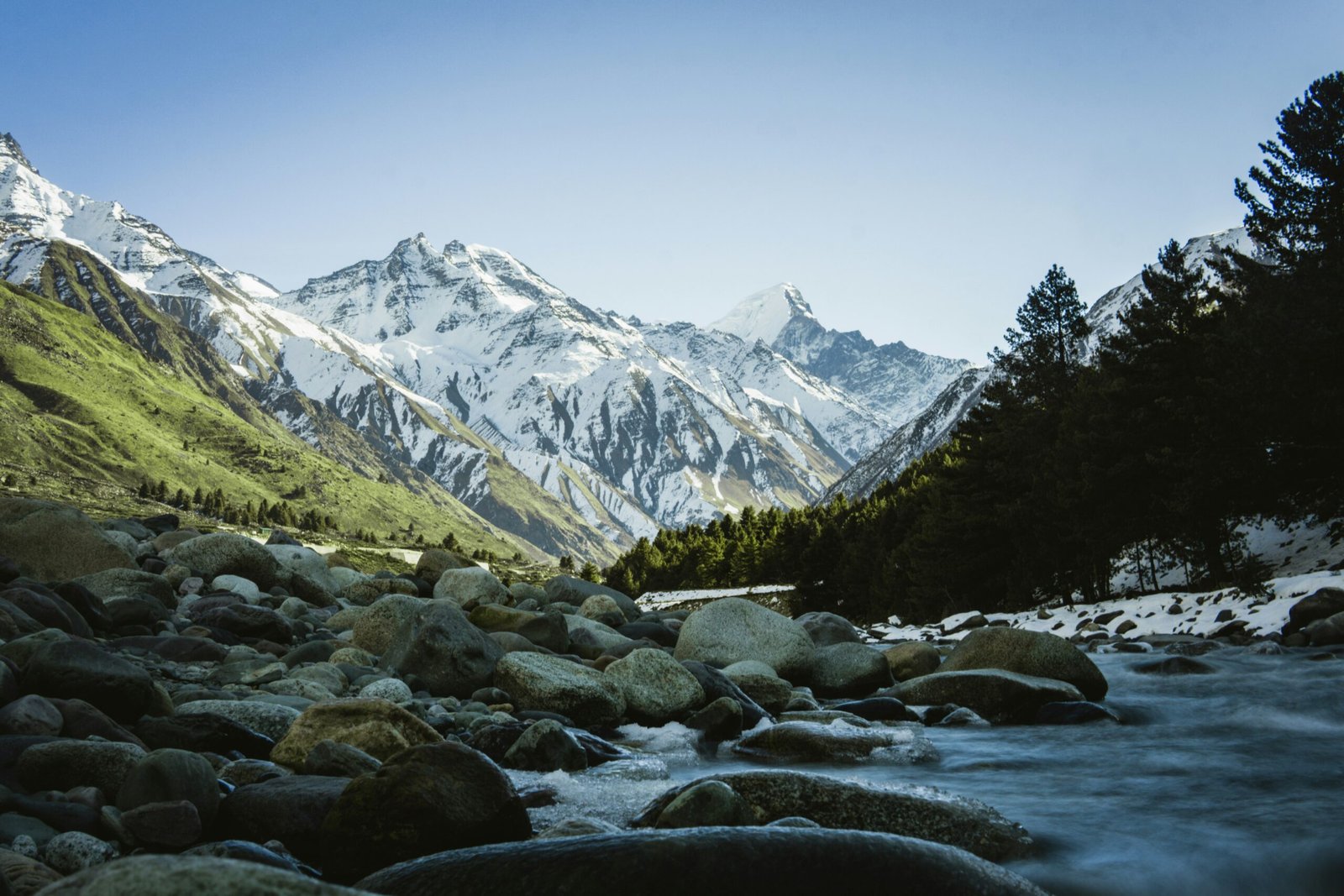 Rocky Himalayan river in Chitkul, conveying the grounded, nature-immersed side of a mountain retreat in India.
